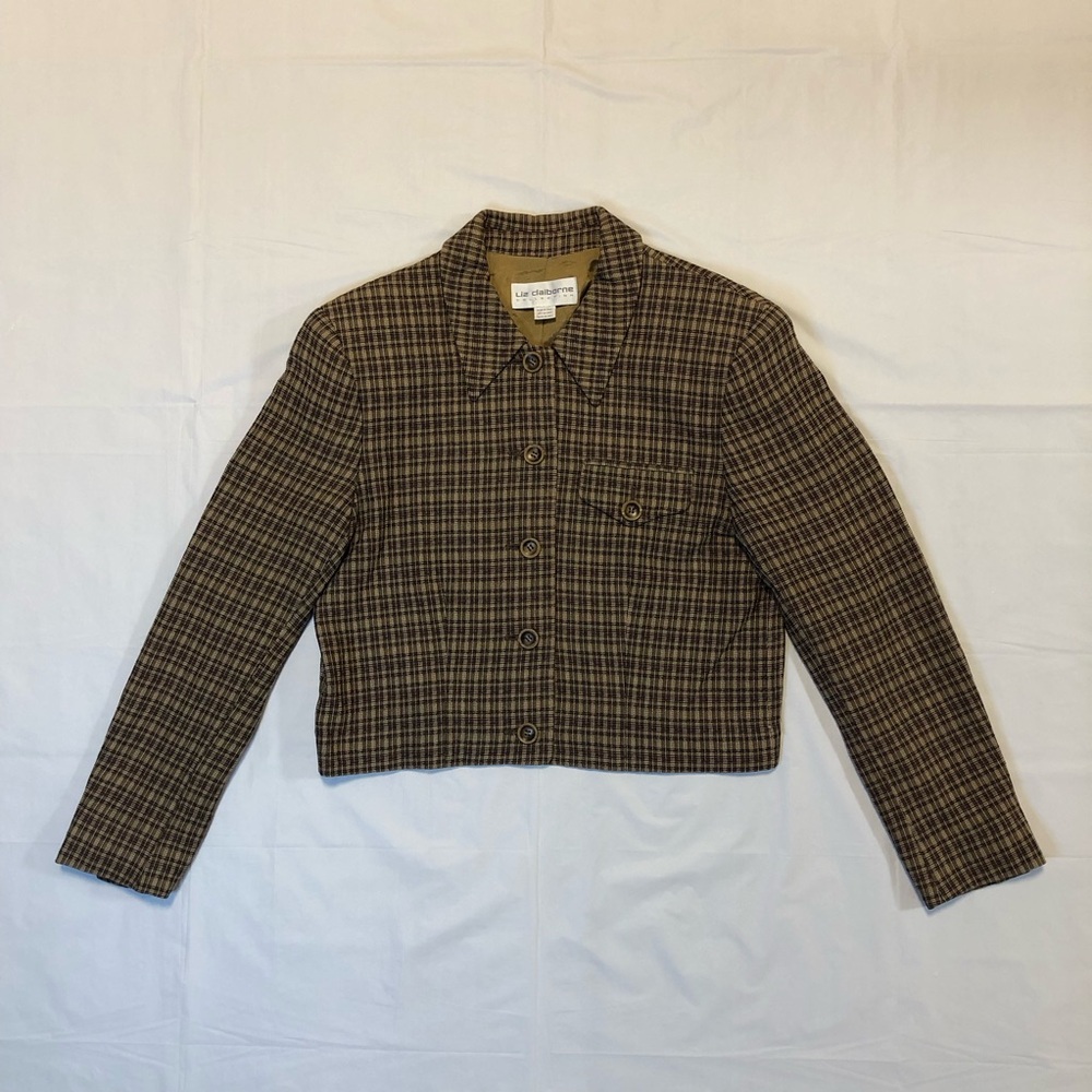 Liz Claiborne Womens Long Sleeve Collared ButtonFront Plaid Brown Crop Blazer 10